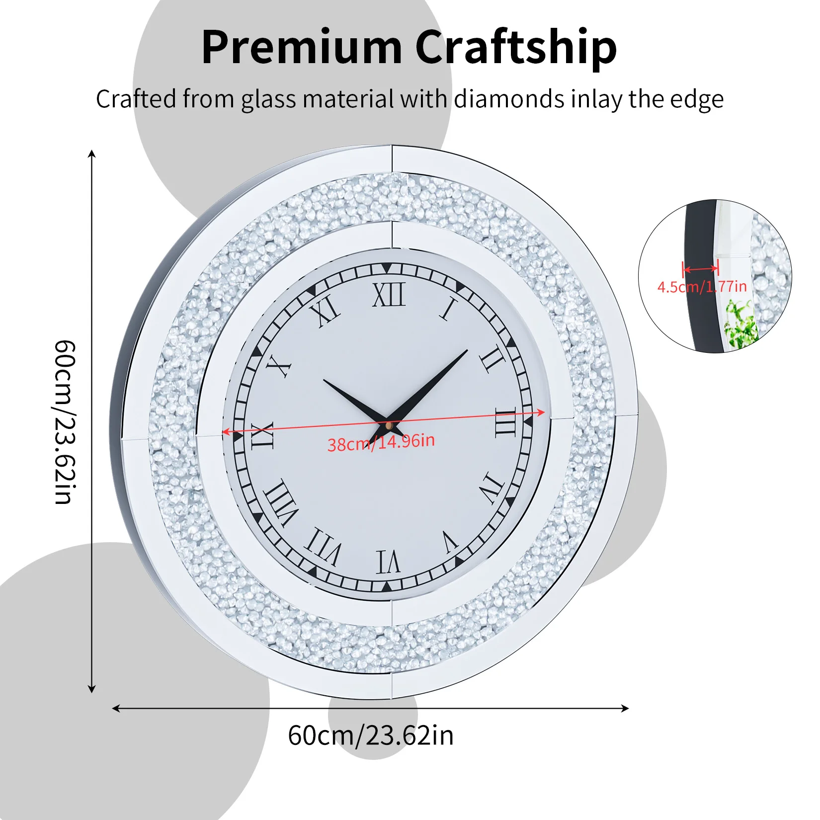 Round Mirror Clock Crystal Sparkle - Image 3