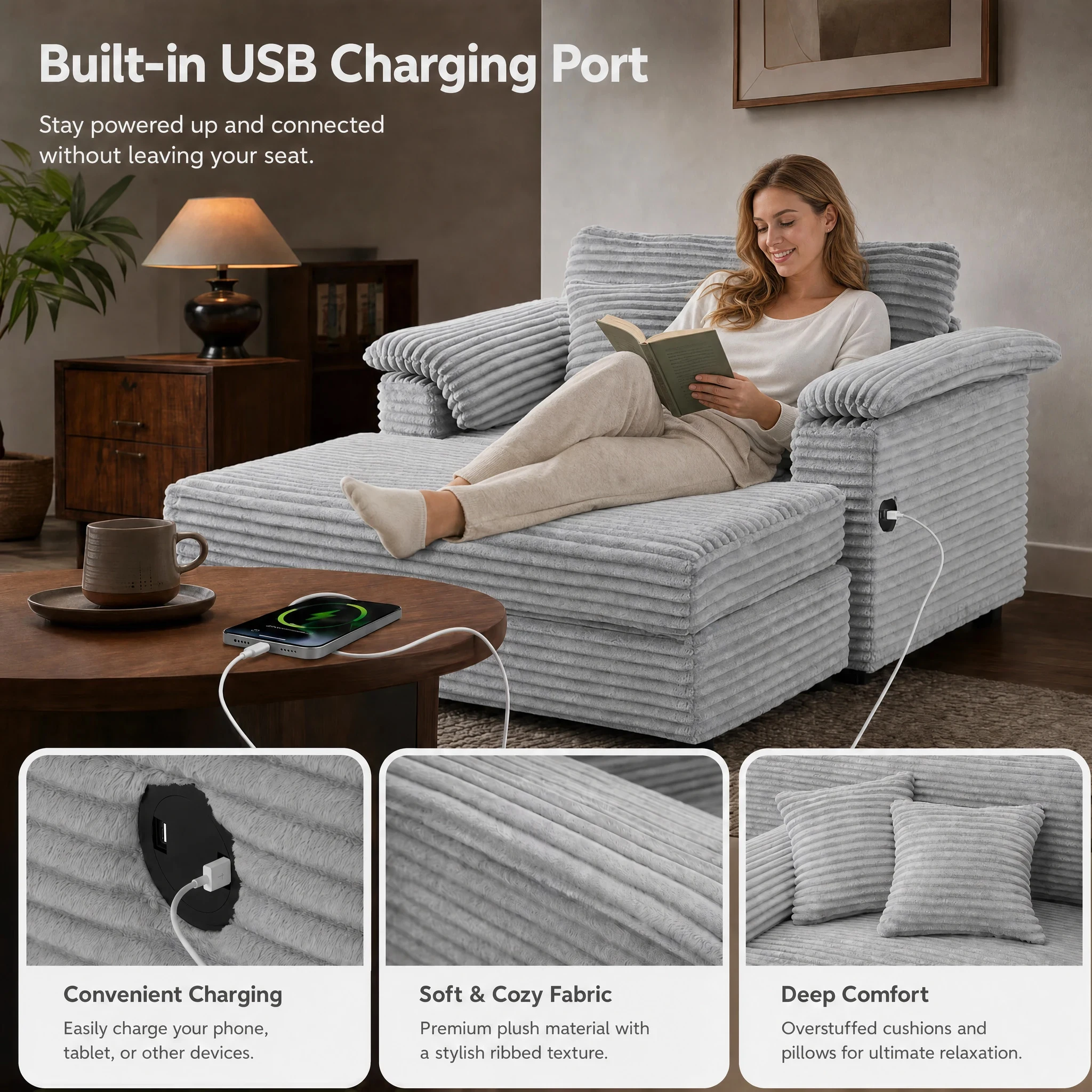47.24-Inch Corduroy Armchair Storage Ottoman  Sofa - Image 4