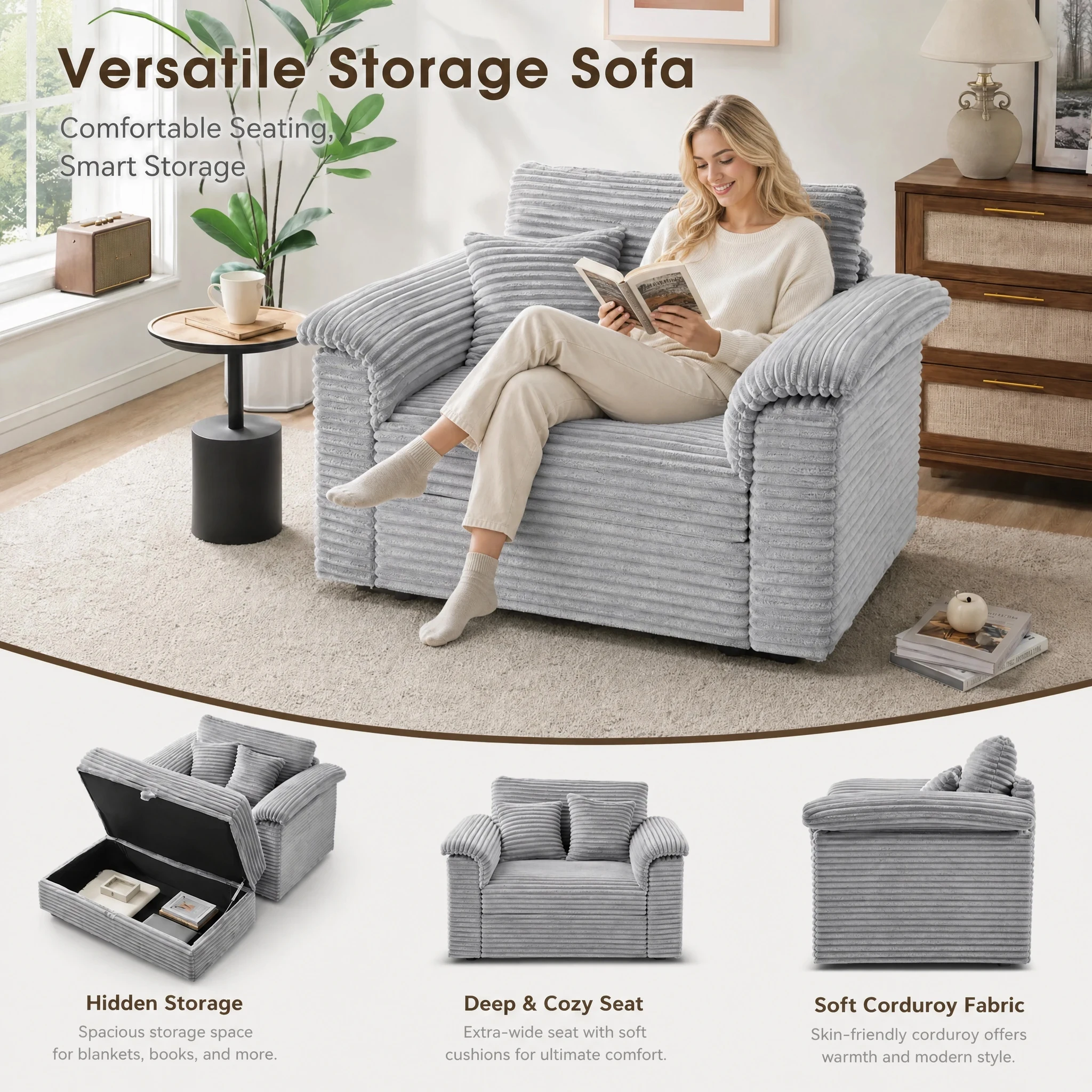47.24-Inch Corduroy Armchair Storage Ottoman  Sofa - Image 5
