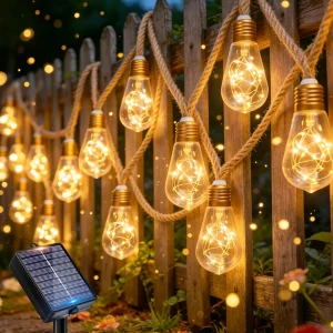 1pack solar retro hemp rope string light, 38.1/18.1FT