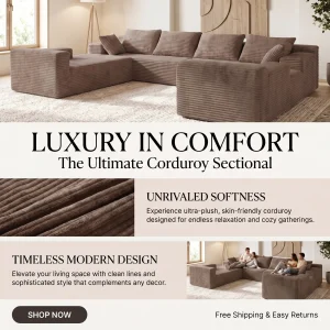 139 Inch U-Shaped Extra Large Corduroy Sectional Sofa - Thumbnail Image 5