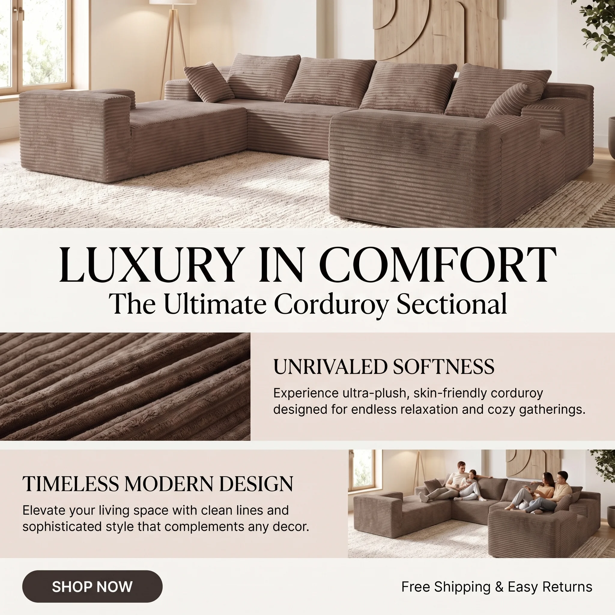 139 Inch U-Shaped Extra Large Corduroy Sectional Sofa - Image 5