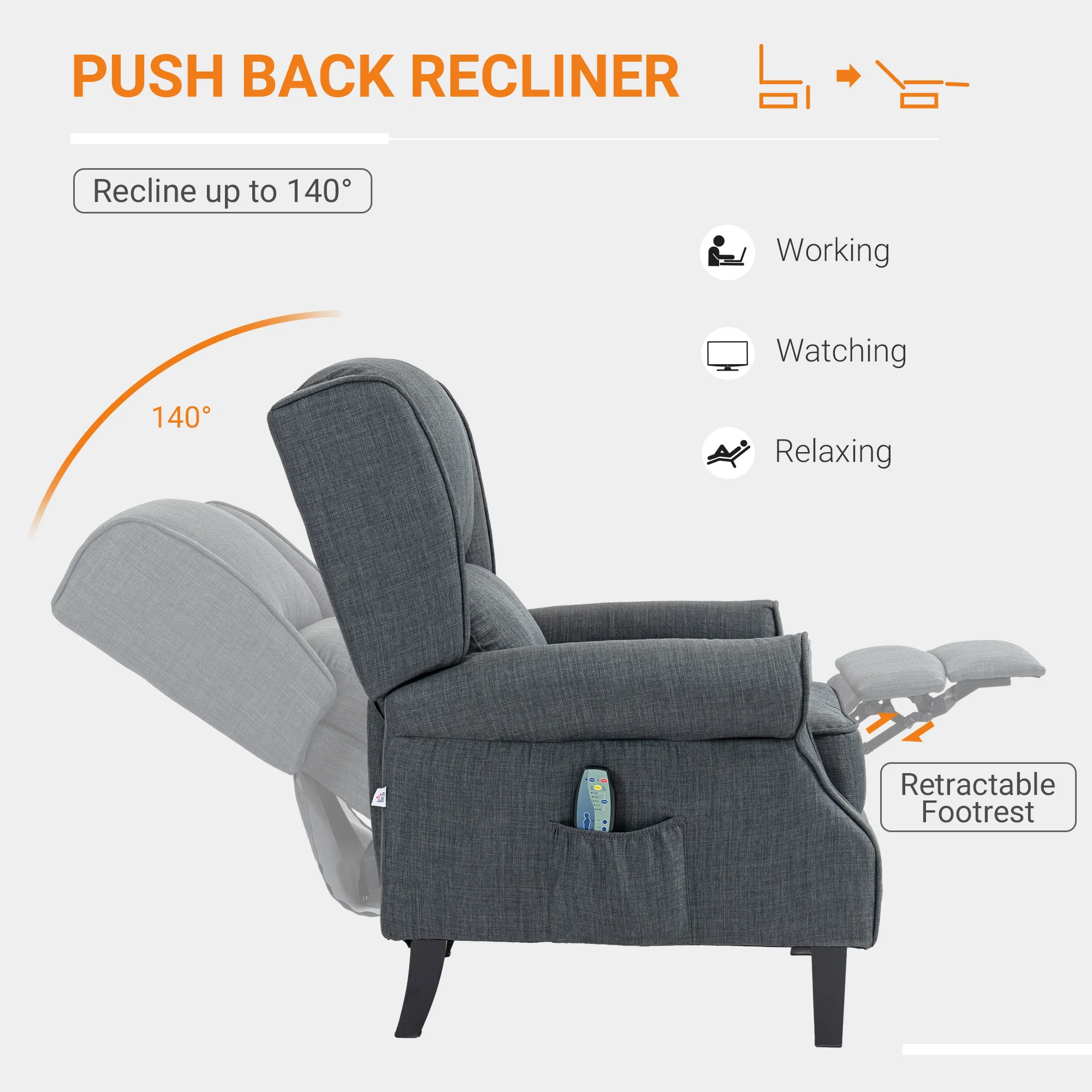 Relaxing Fabric Heated Massage Chair Vibrating Recliner Sofa With Remote Control - Image 4