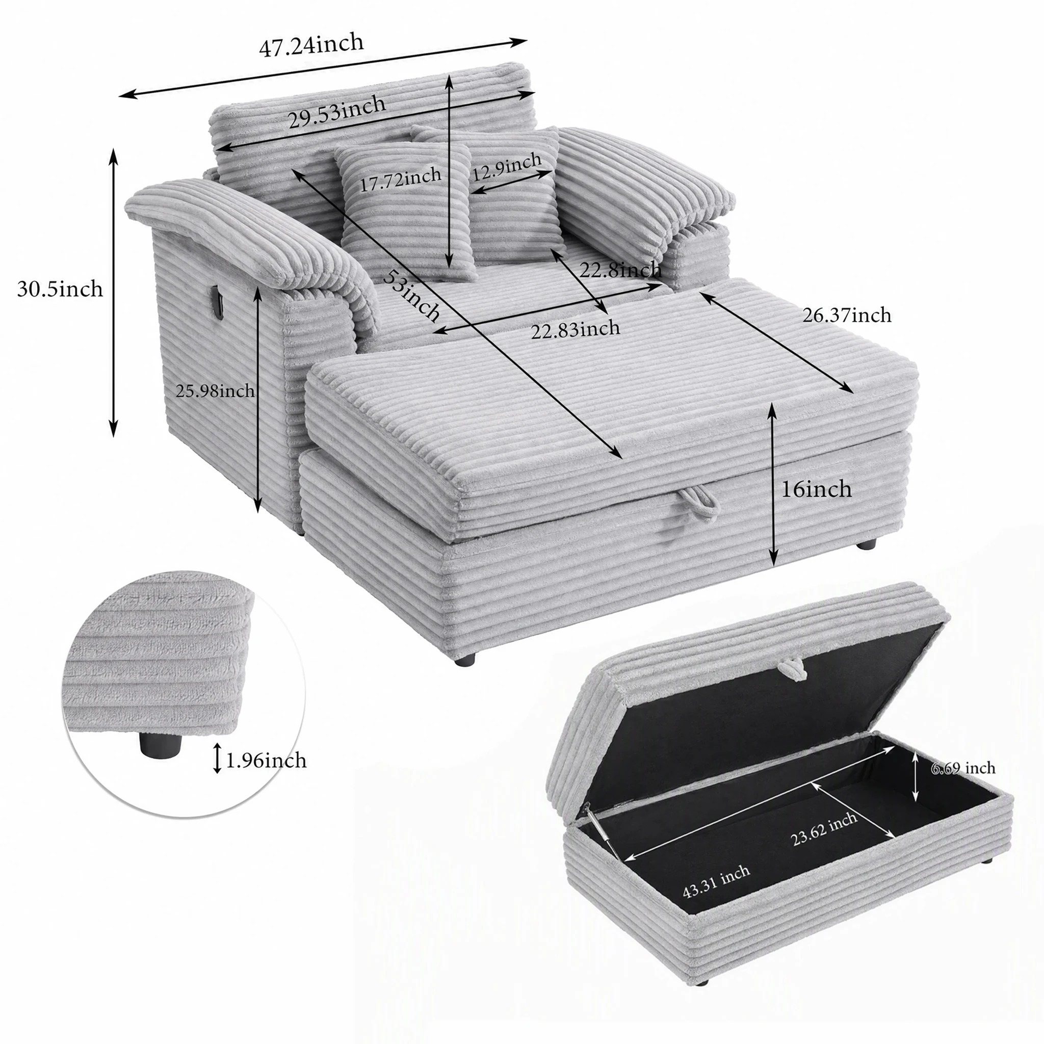 47.24-Inch Corduroy Armchair Storage Ottoman  Sofa - Image 2
