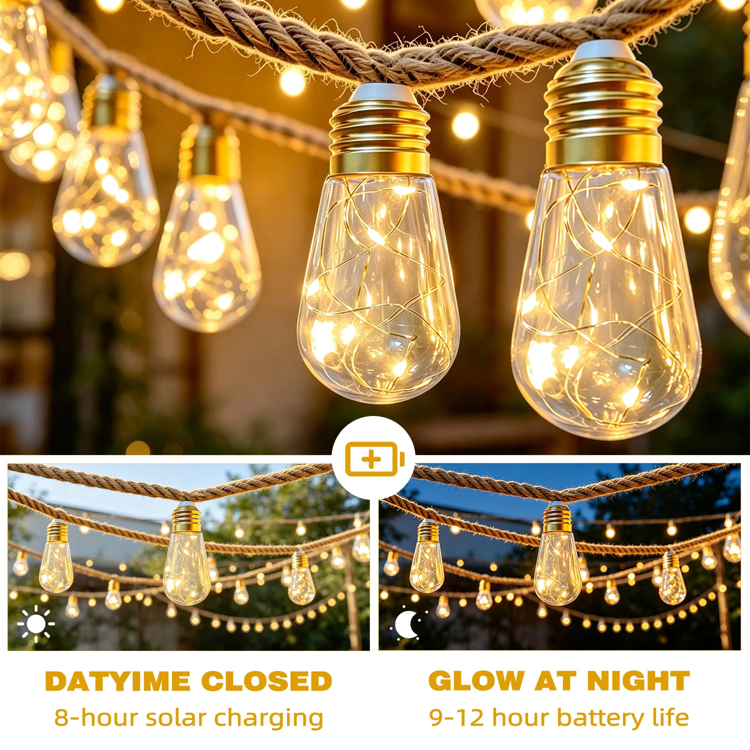 1pack solar retro hemp rope string light, 38.1/18.1FT - Image 5